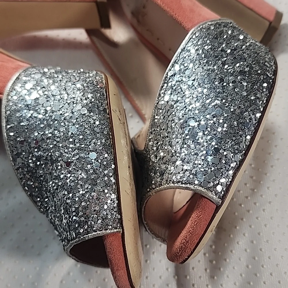 Miu Miu Silver Coral Coarse Glittery and Suede Peep Toe Pumps Heels. 37 - Picture 12 of 13